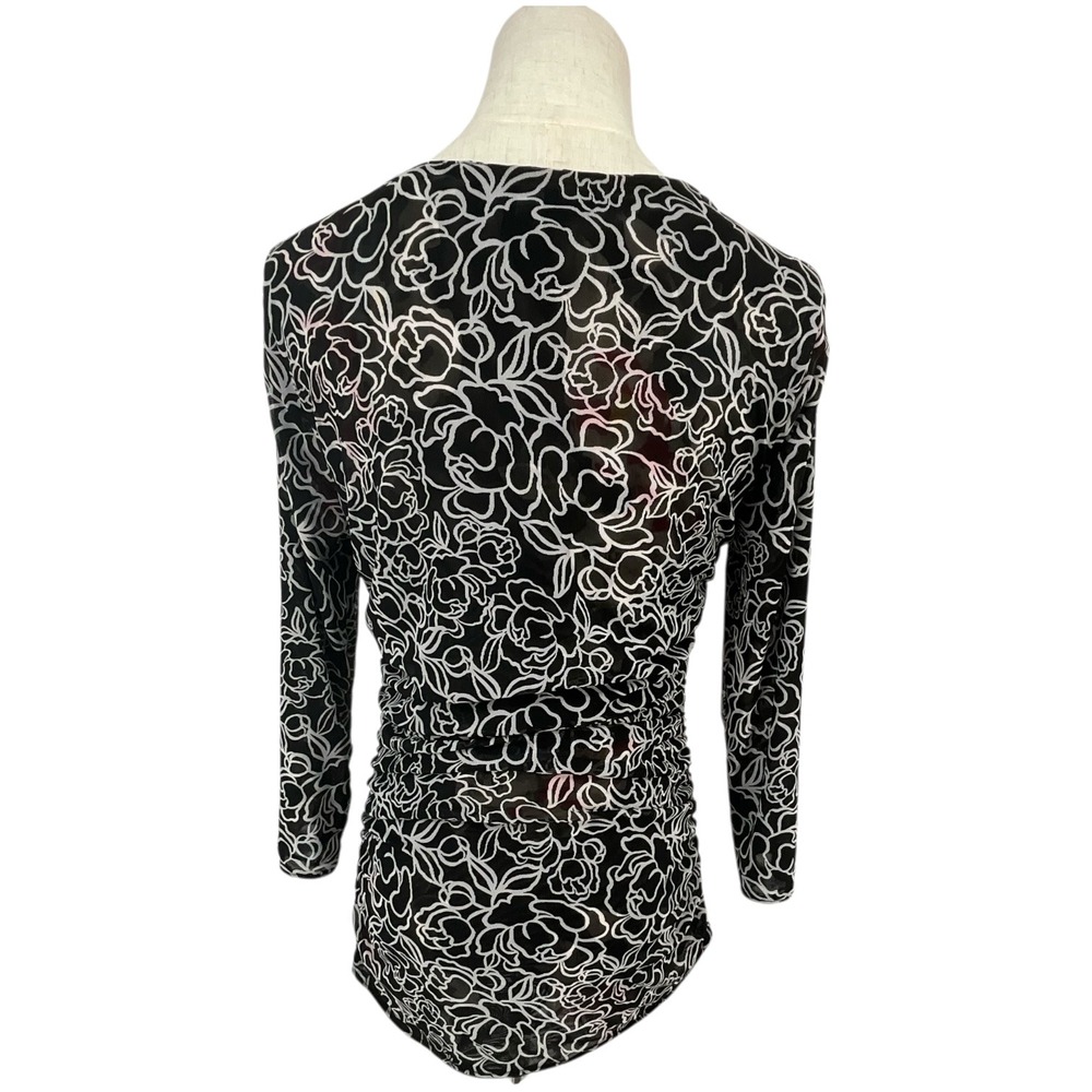 WHBM Black Floral Ruched V Neck 3/4 Sleeve Top Women's Fashion Blouse Reversible - Picture 8 of 11